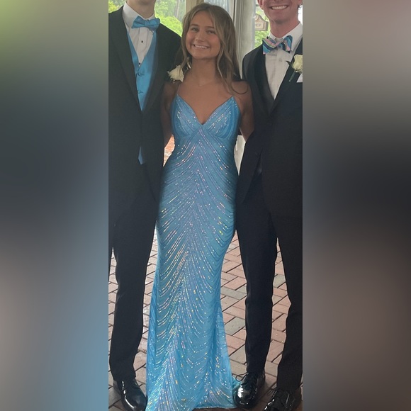 B. Darlin Pattern Sequin Cross Back Long Dress - Picture 4 of 4